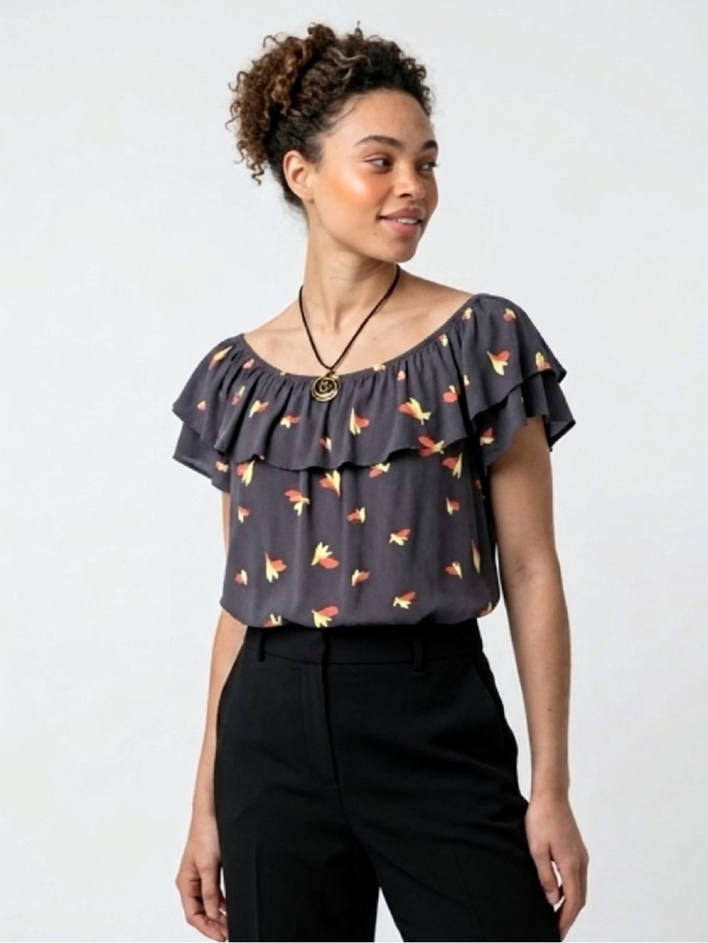 Torrid Top Lightweight Split Back Gray Rayon Ruffle Size 1X
